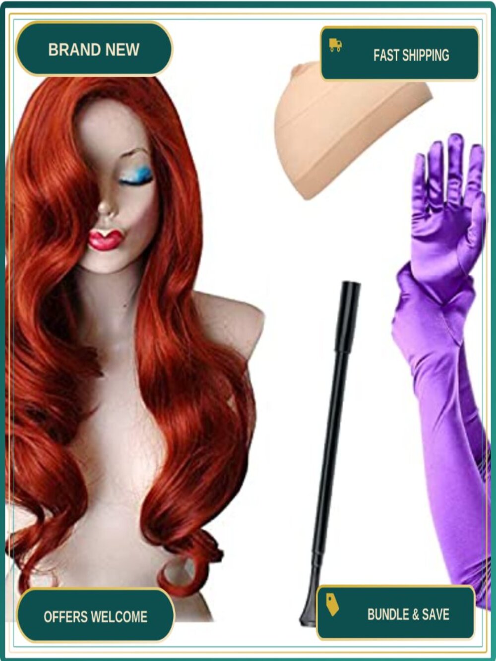 Jessica Rabbit Costume Set Wig Gloves Cigarette Holder Cosplay